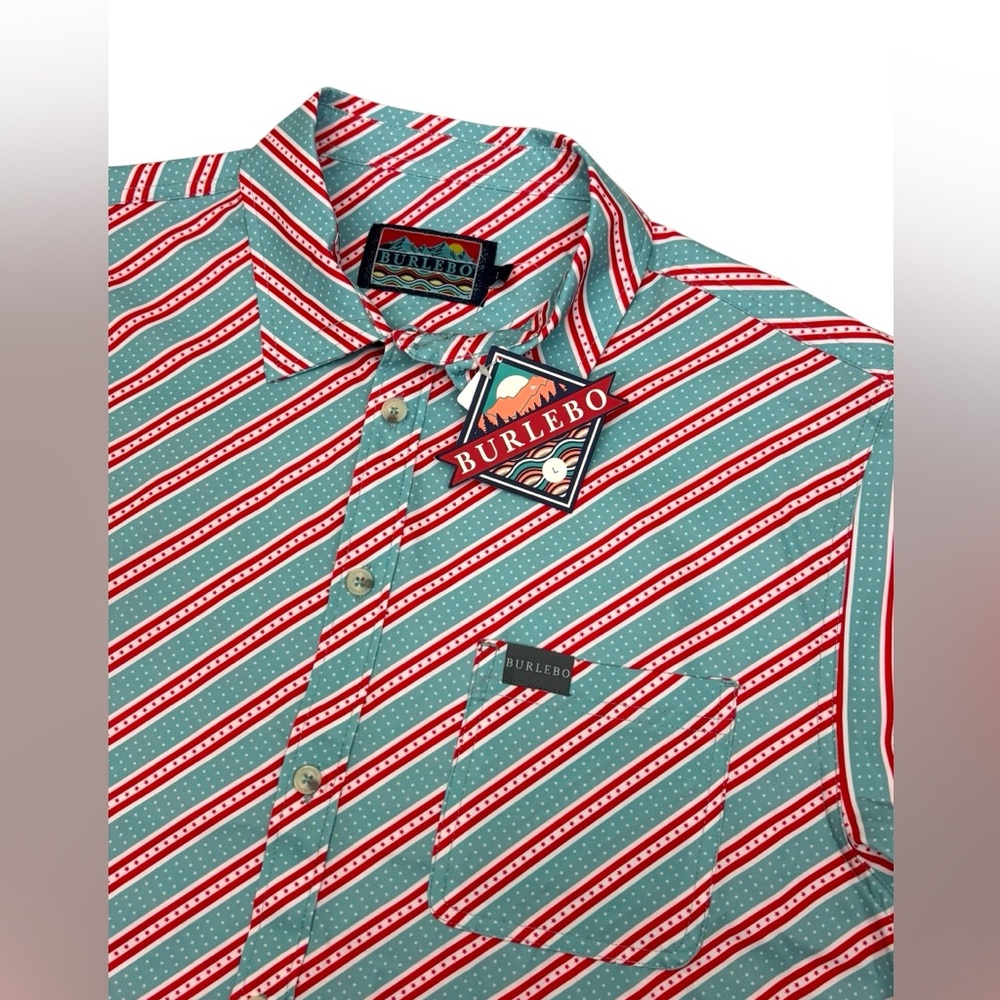 Burlebo Shirt Button Up Performance Stretch Teal Red Striped American